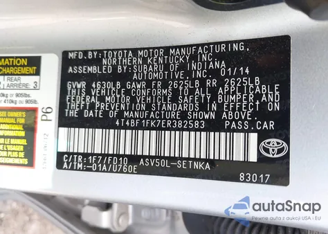 2014 Toyota Camry Le z USA, uszkodzony, nr VIN 4T4BF1FK7ER382583